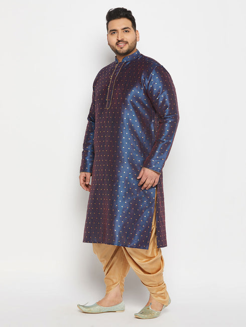 Vastramay Men's Plus Size Navy Blue Zari Weaved Kurta Dhoti Set